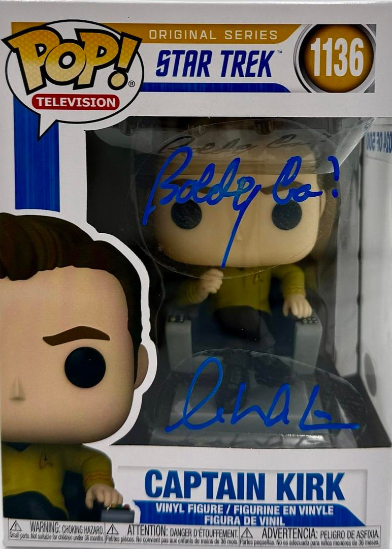 Funko Pop! vinyl figure packaging for Captain Kirk from Star Trek, signed by a celebrity.